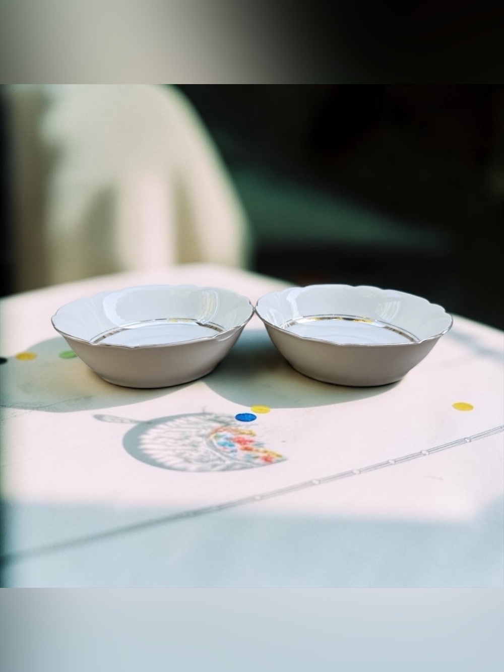 2 X Cmielow Porcelain Scalloped Rim Fruit Bowls with Silver Trim made in Poland